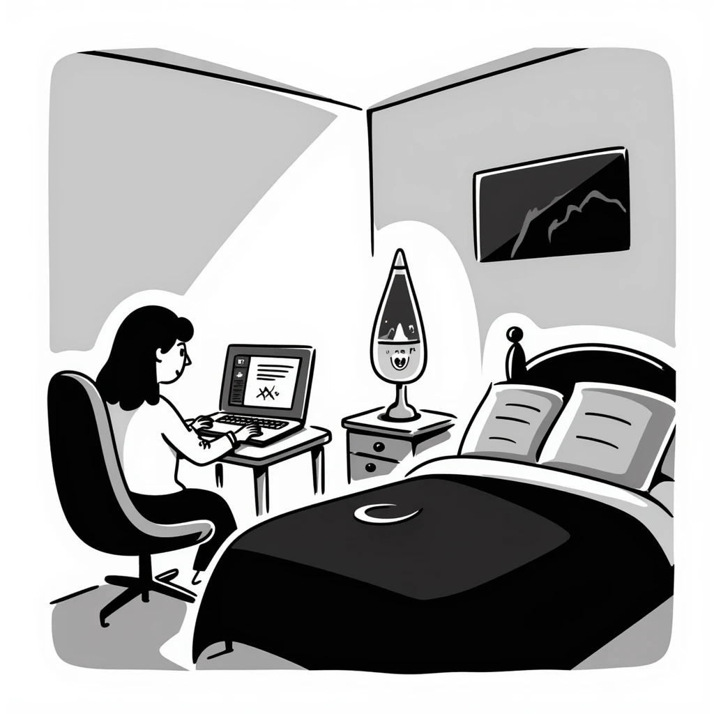 A bedroom lit by a lava lamp and an open laptop running early 2000s MSN Messenger

 emoji