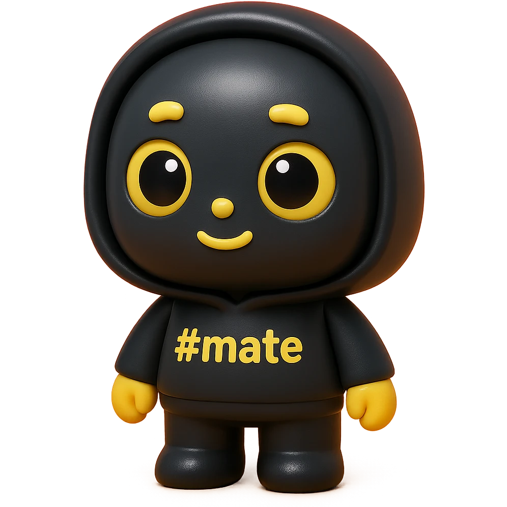 3D kawaii chibi character, vinyl figure style, matte, soft shadows. Big head, short limbs. Matte black hoodie and body, face dark anthracite. Yellow hands, yellow eyebrows and mouth. Eyes: yellow outline, colored base, black pupil with highlight. '#mate' on hoodie, # in yellow. White background, no extra design. emoji