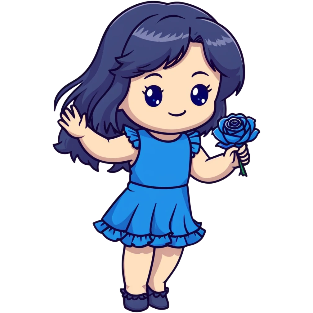 cute chibi girl with long dark hair, blue rose in hair, bright blue eyes, black frilly dress, smiling and waving emoji