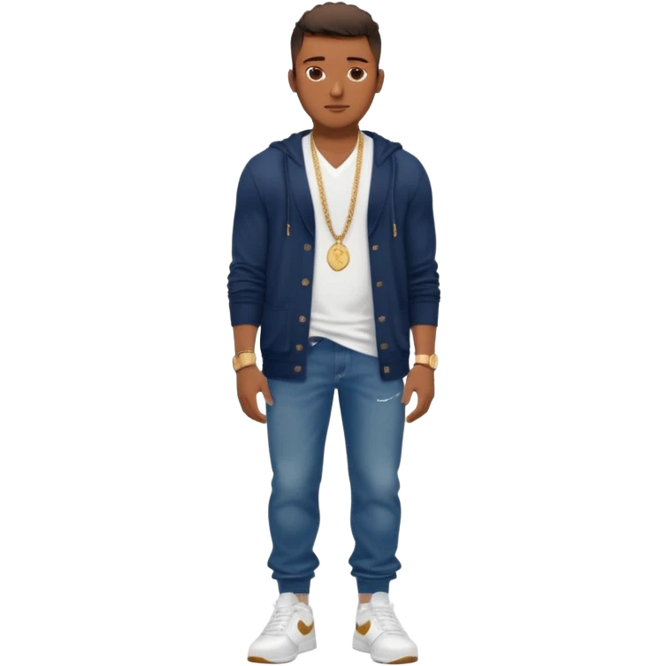 Handsome Black guy with brown skin tone, with muscular build, wearing long baggy dark denim jeans, a white t-shirt, a Burberry cardigan, white Nike sneakers, a gold watch, and a dainty chain emoji