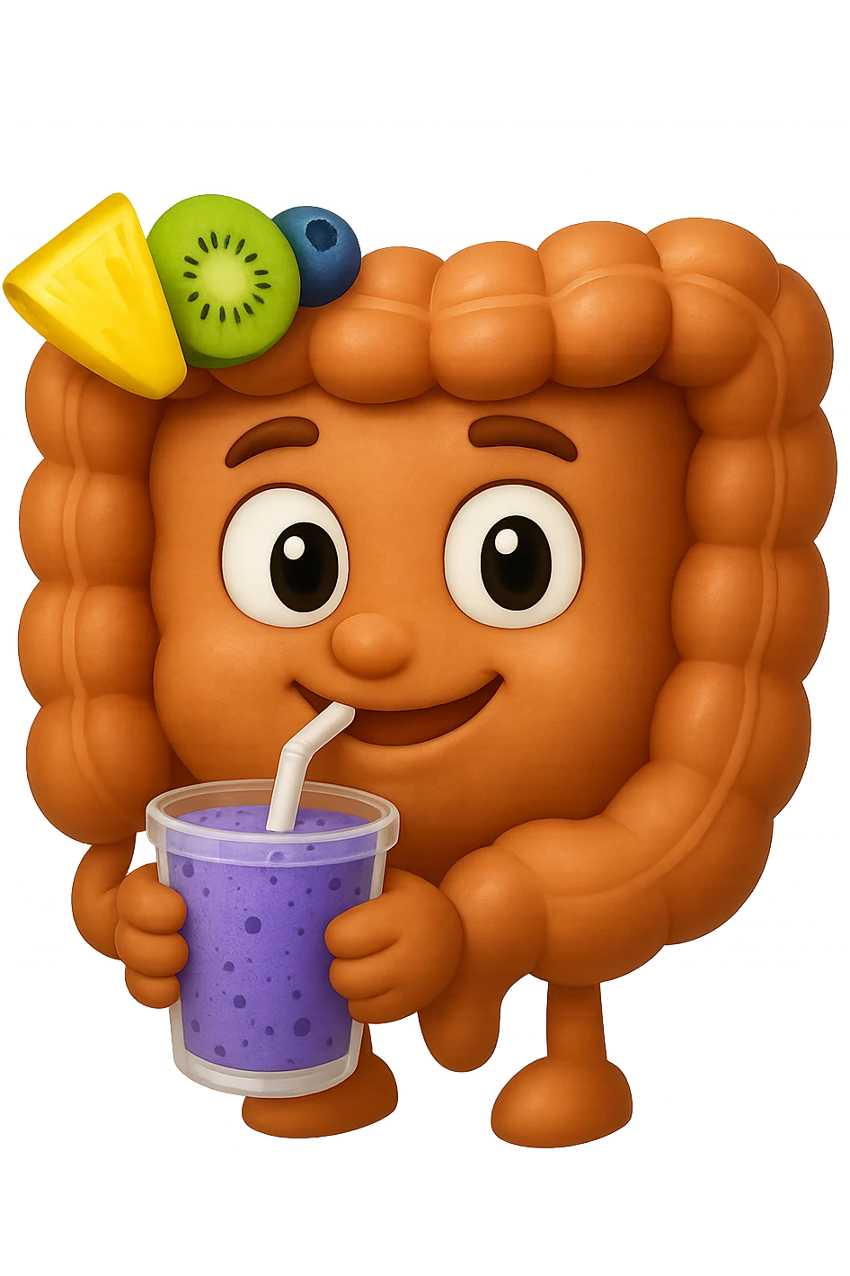 EMOJI STILE IPHONE DI un intestino umano anatomico che beve un frullato di mirtilli, ananas, kiwi, fagli anche la parte bianca degli occhi, non solo le pupille, REALISTICo 4K emoji