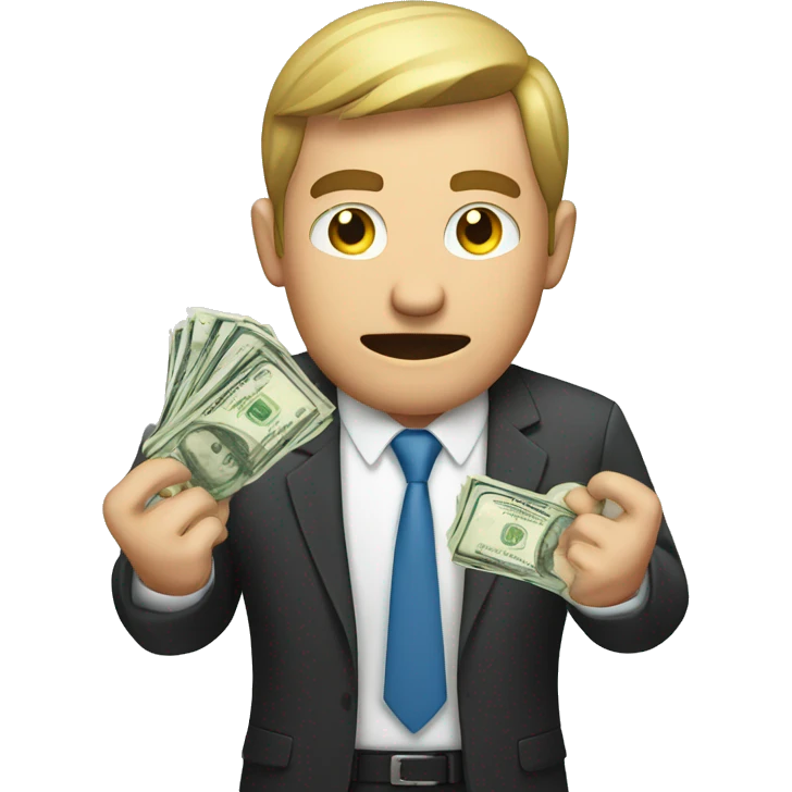 stressed business man holding money emoji