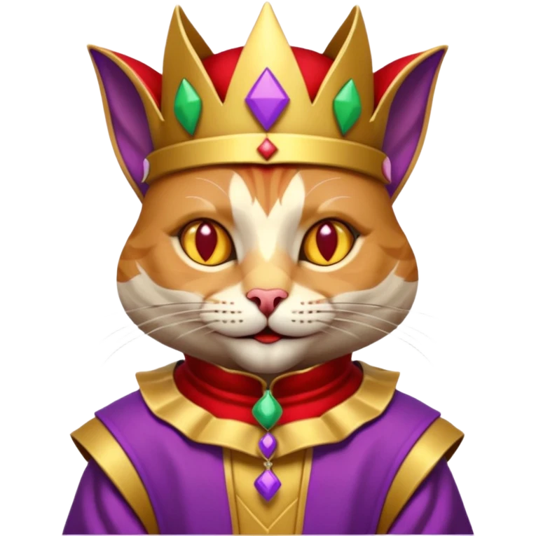 crazy colorful cute little cat jolly joker from poker, medieval, vintage, court jester, mac os icon, purple, gold and red color, half body. Squared shape as 3D mac os icon, symmetrical emoji