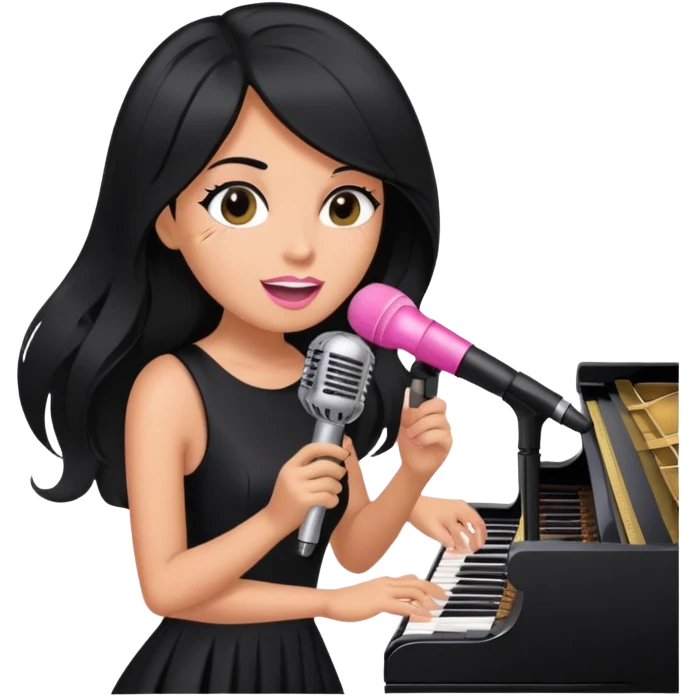 pink microphone, music, singing, playing piano, long black hair tanned woman, black glam dress emoji