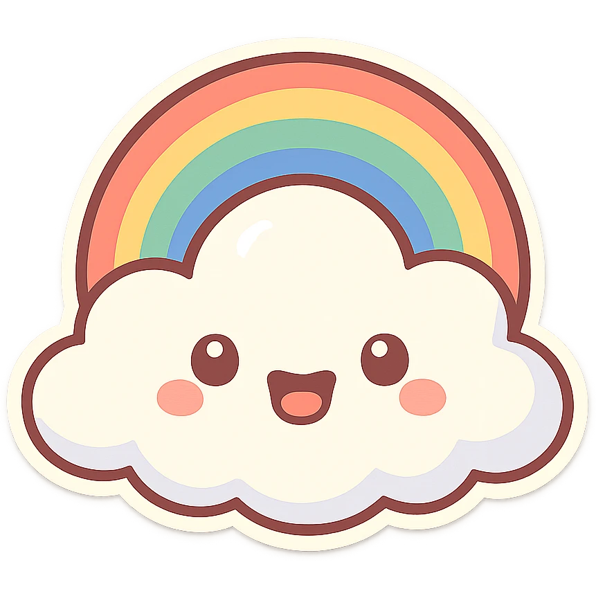chibi sticker-style cloud with a rainbow, pride, cute and exaggerated emoji