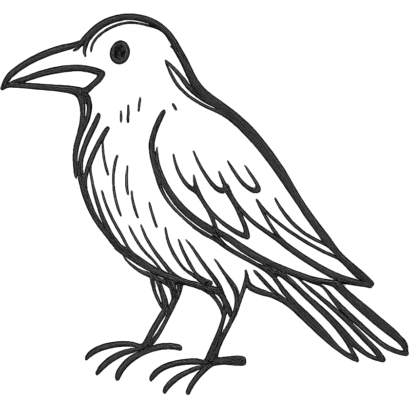 black raven bird facing left, hand-drawn sketch style emoji