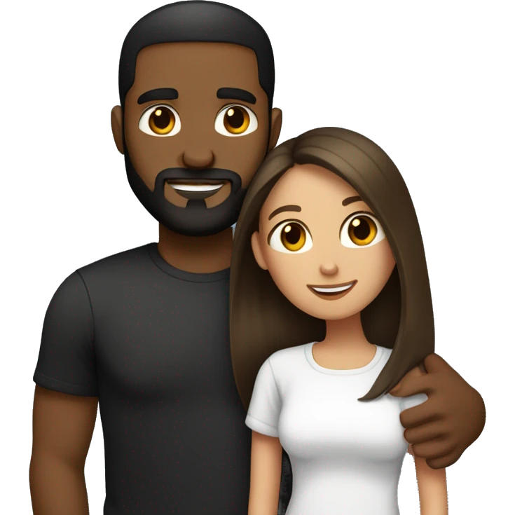 light skin woman with very long straight brown hair hugging black man with very short dark hair and a long dark beard wearing a white tshirt emoji