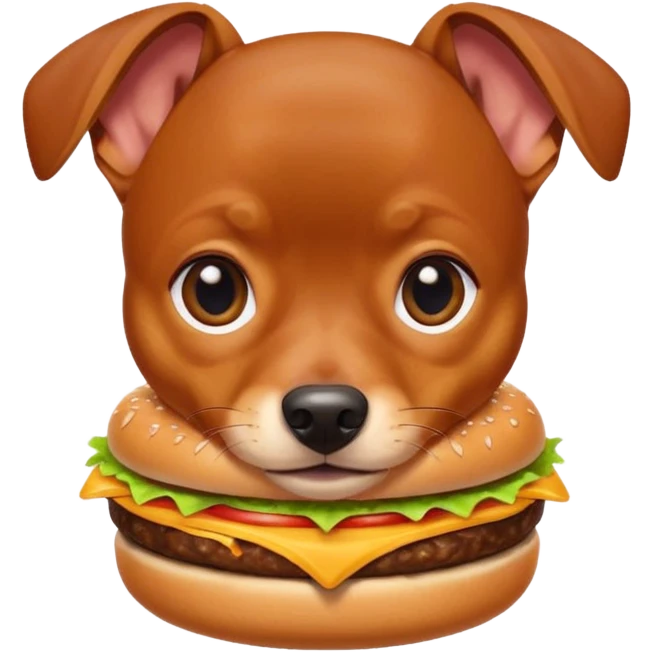 Miniature pinscher dog with white paws eating a giant, juicy hamburger emoji