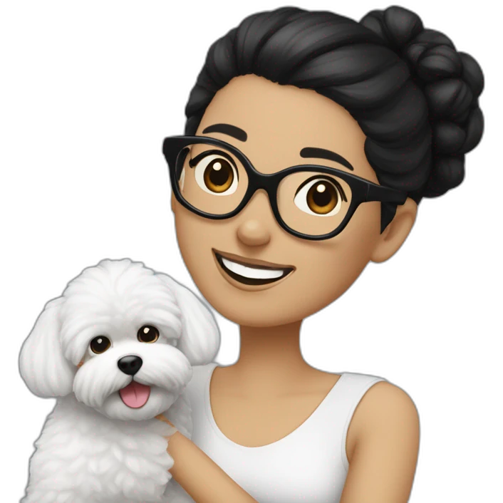 woman-black hair-bun-with glasses-with bichon dog-white-smile emoji
