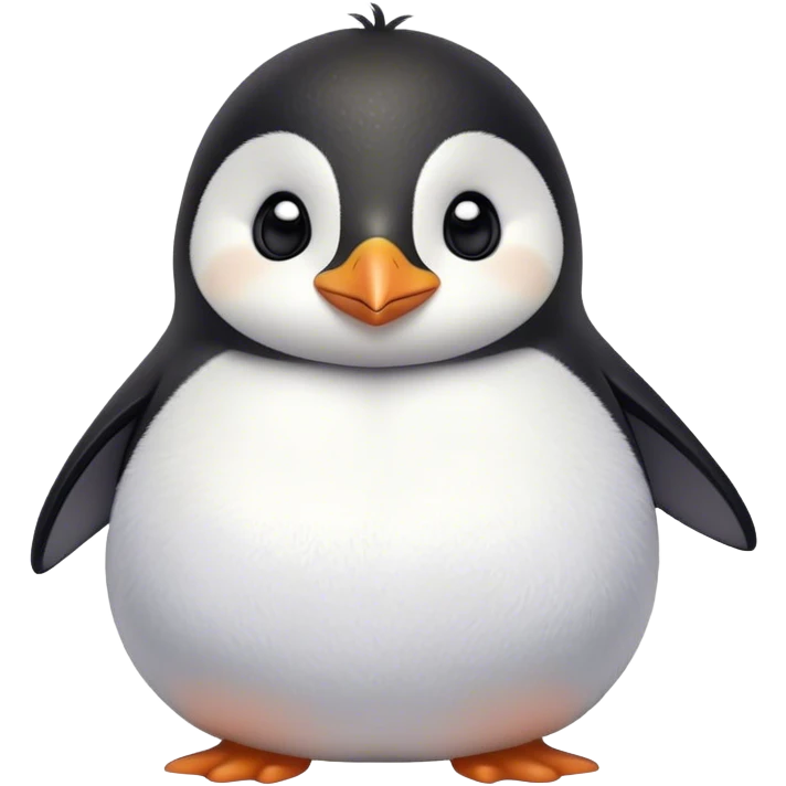 Cinematic chubby penguin, round fluffy body, tiny beak and feet, soft glowing feathers, gentle happy eyes, slightly tilted head, warm and irresistibly cute. emoji