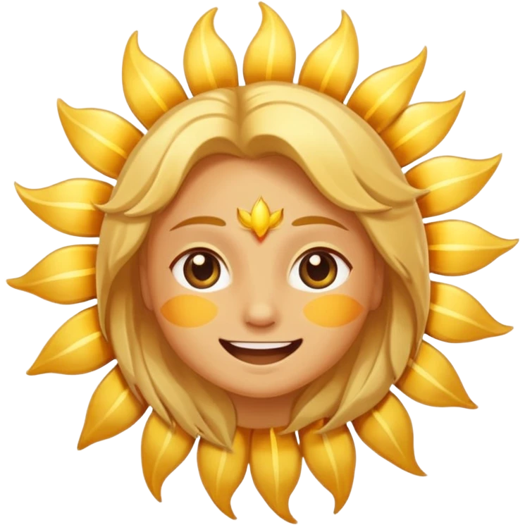 Sun God Nika from One Piece, cartoonish sun rays, happy face, golden hair emoji