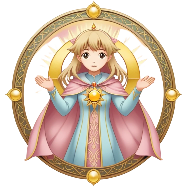 magical tarot-like card inspired by the Clow Cards from Cardcaptor Sakura. The card has ornate golden borders, a sun or moon symbol at the top, and a mysterious illustration in the center. The background is a soft, enchanted pastel tone. emoji