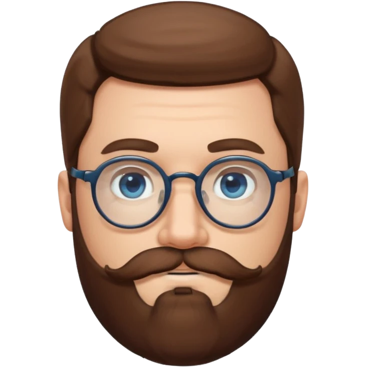 White man with blue eyes, long brown hair, large round glasses, mustache and beard emoji