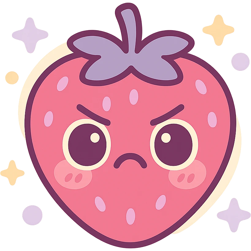 kawaii style strawberry with an angry expression, subtle blush cheeks, soft dramatic shadows, rounded edges, bold and vibrant colors including deep pinks, rich lavenders, creamy whites, isolated on transparent background, high resolution, minimal textures, animation style with gentle subtle highlighting to accentuate dramatic colors, toned-down glow on the face emoji