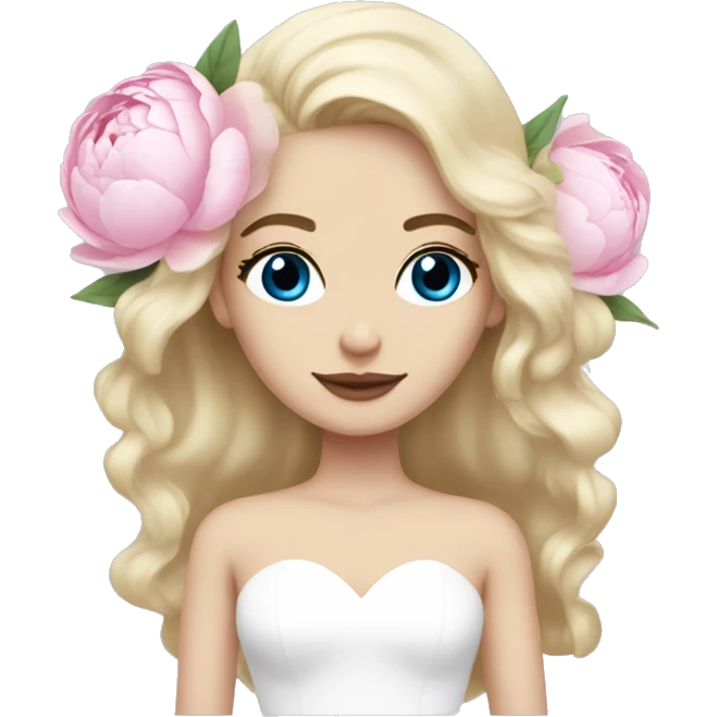 White bride with long light blonde hair and blue eyes with light pink peonies in hair white skin  emoji