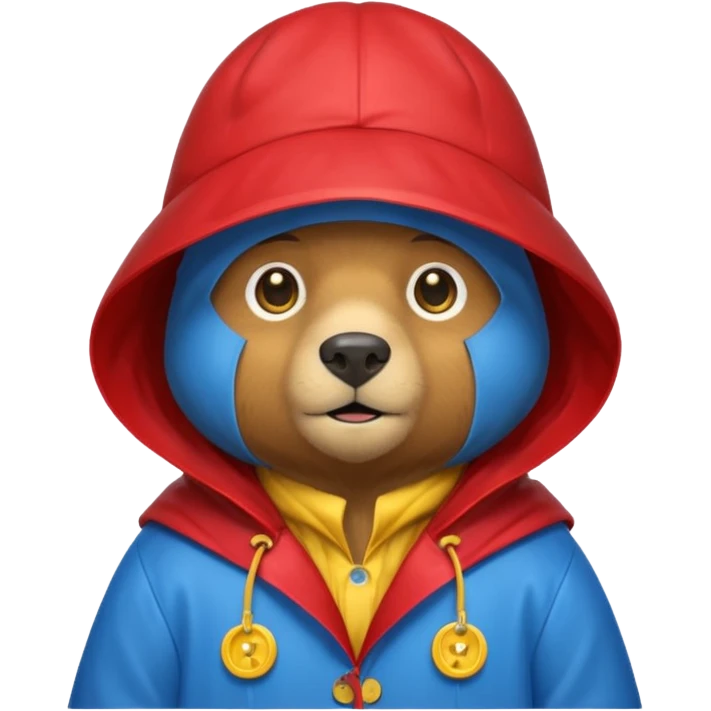 A bear in a red rain hat and a blue raincoat with yellow buttons down the middle emoji