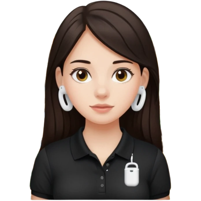 Girl with long dark brown hair with airpods wearing a black wegmans grocery store polo emoji