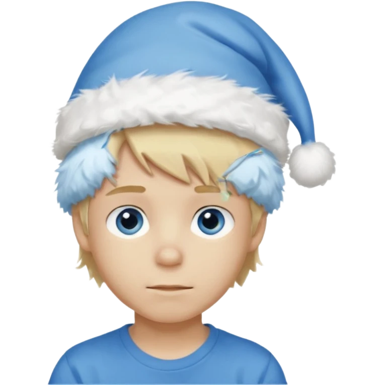 create boy blonde hair long messy, light eyes, white t shirt, rich, long hair, eyes blue, acessory head cristimas blue hat, fluffy hair medium long emoji