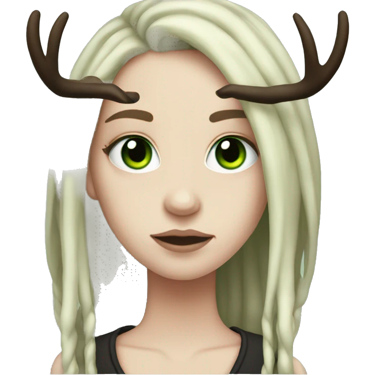 Girl with pale skin, green eyes, black dread-locks, eyeliner, deer antlers, grunge emoji