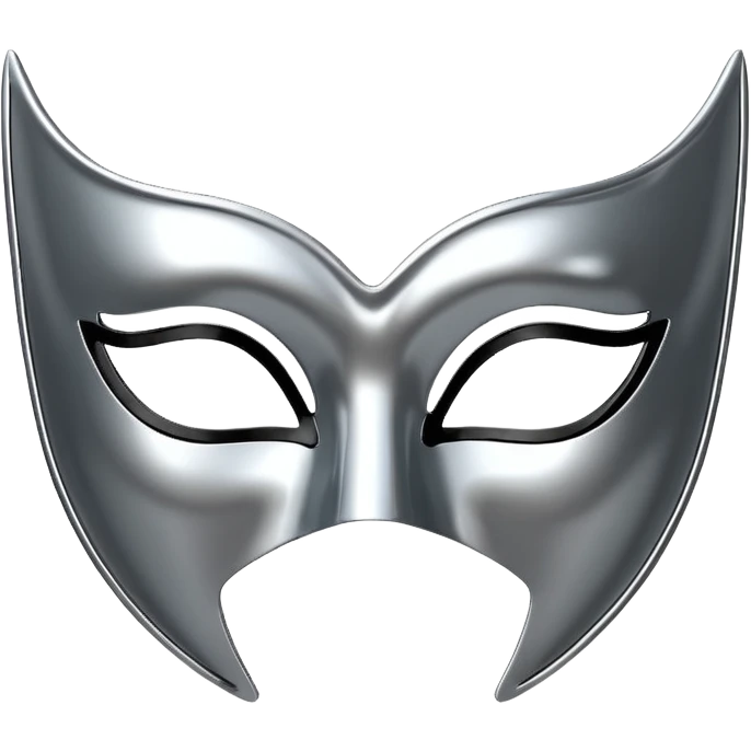 A sleek masquerade mask emoji made of polished silver chrome, smooth sensual curves, reflective metallic surface, mysterious sexy luxury vibe, minimal iOS emoji style, centered, clean white background emoji