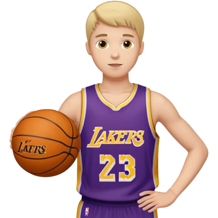 Joven con color de piel claro con uniforme de basquetball laker sosteniendo una pelota de basquet emoji