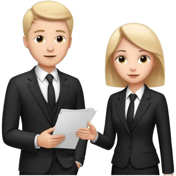 white man in formal suit talking to white woman in formal suit, they sit, papers in hands emoji