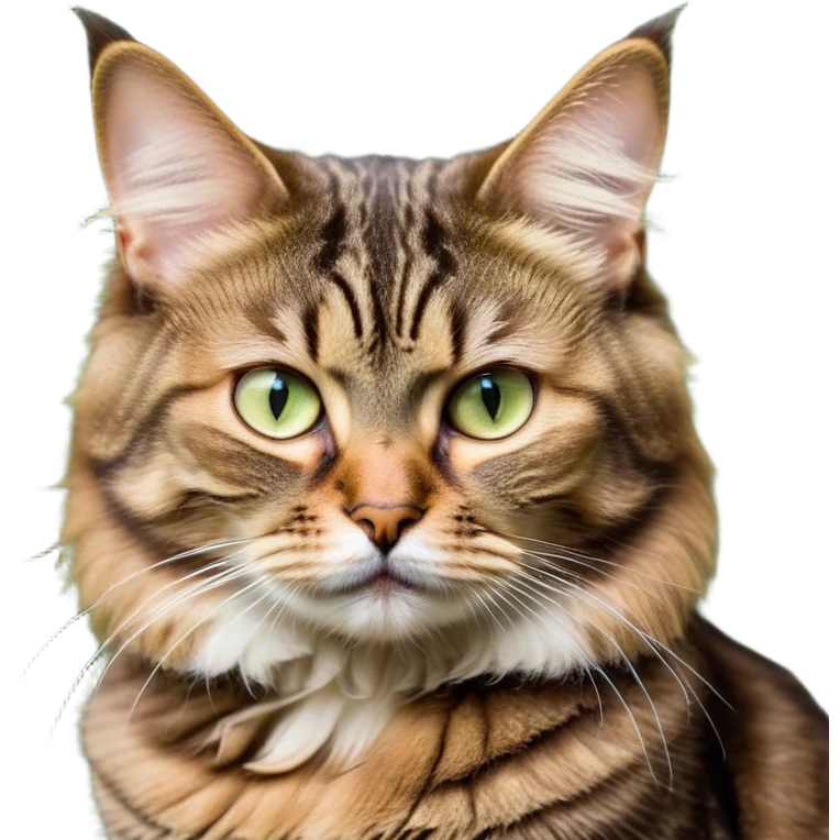 Cinematic Meme-Worthy Grumpy Brown Tabby Cat Portrait Emoji, Head held high but eyes filled with dramatic disappointment, fluffy brown fur with striking tabby markings, signature M-shaped forehead furrowed into an unmistakable scowl, large ears slightly angled back in disapproval, piercing golden-green eyes glaring with pure exasperation, Simplified yet hilariously over-exaggerated features, highly detailed, glowing with an aura of supreme annoyance, high shine, exhausted yet judgmental, stylized with an almost regal pettiness, bright but brooding, soft glowing outline, capturing the essence of a feline that has seen it all and is thoroughly unimpressed, so meme-worthy it feels like it could instantly become the next viral sensation of grumpiness! emoji