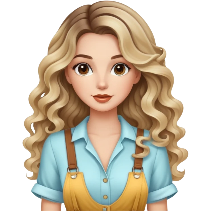 beautiful brunette with blondish balayage white girl with nice curls/defined waves, very long hair, clean girl makeup and nice summer outfit  emoji