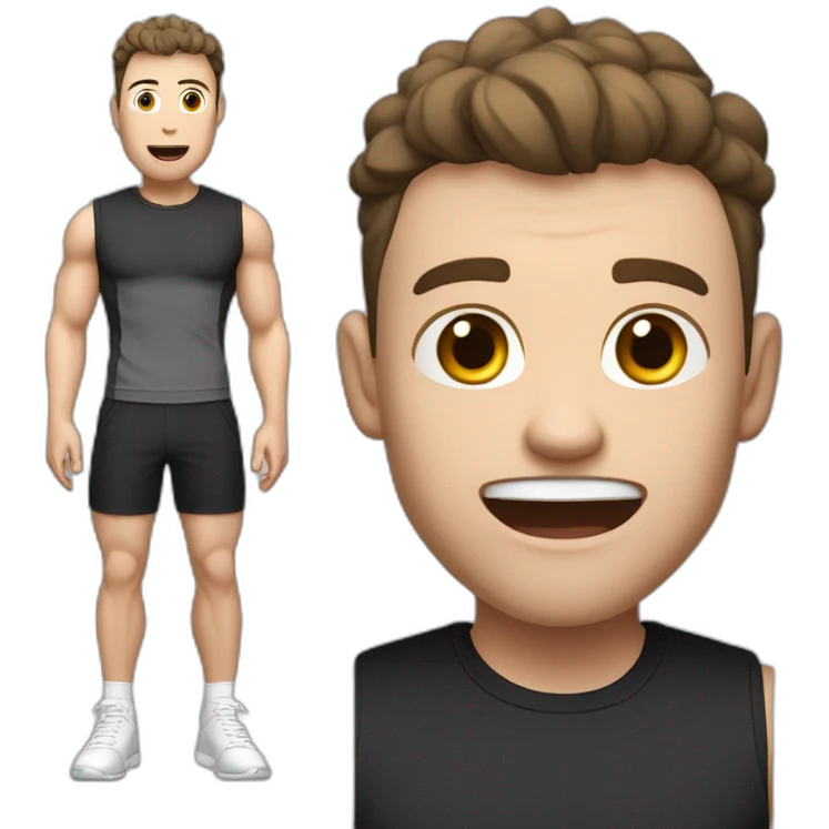 amazed Open with surprise mouth Pale skinned Fit Man With the biceps and dark brown hair in black shirt, gray sports shorts and white Sneakers emoji