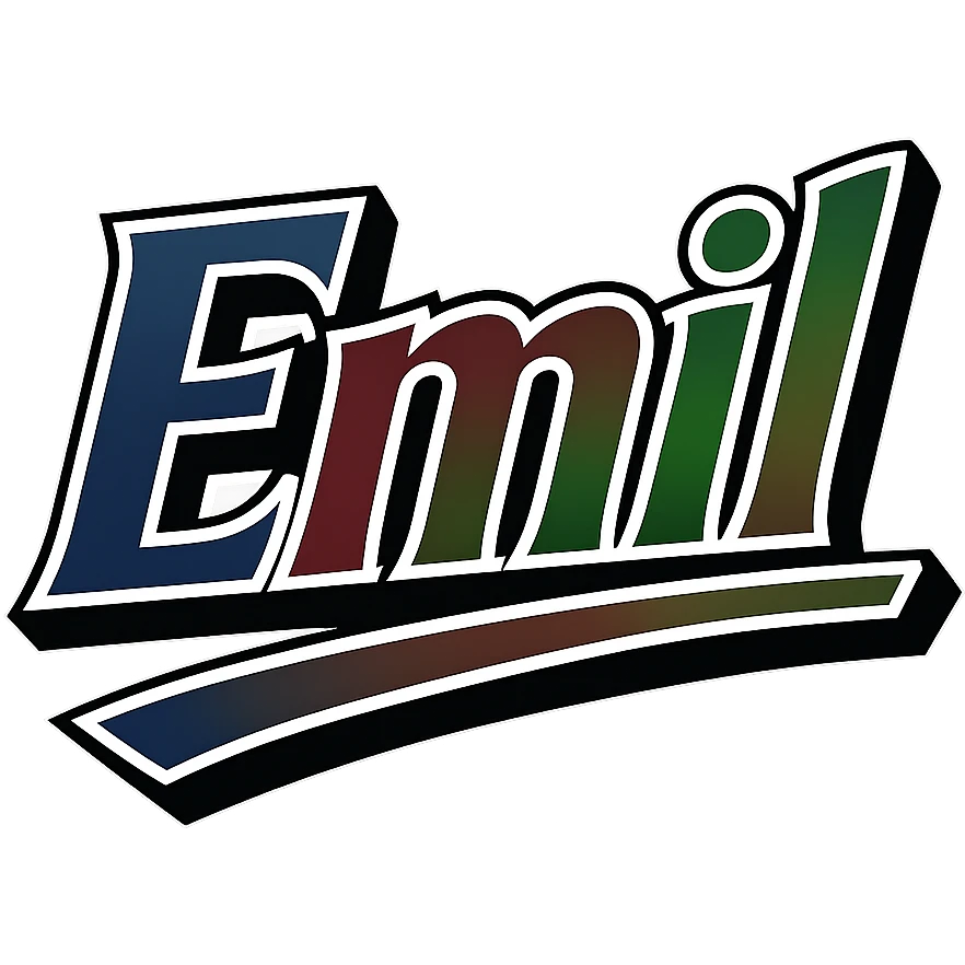 Emil name in masculine, modern gradient font with dark contour, prominent and clearly visible white outline around the letters as in the sample, dynamic slanted underline, masculine color shades (blue, gray, burgundy, green, brown), 1000x1000 px, PNG, transparent background, in the style of the uploaded Attila sample. emoji