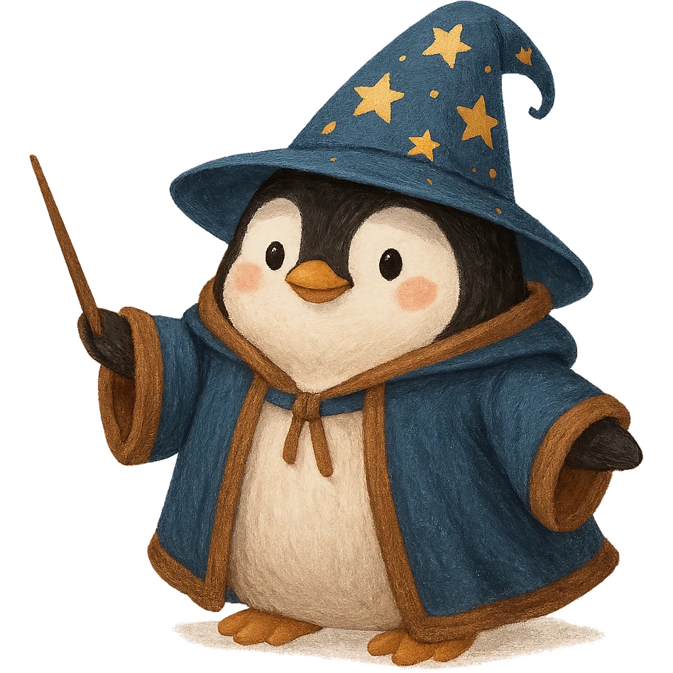 a chubby penguin in wizard robes, with a starry hat and a wand, whimsical style emoji