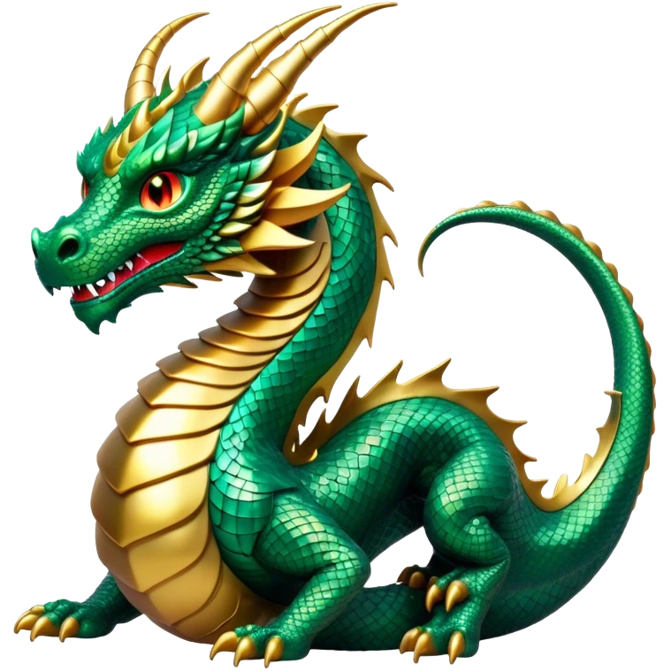 Cinematic Noble Dragon Portrait Emoji, Poised and majestic, with a sinuous, elongated body covered in intricately detailed, shimmering scales in hues of emerald and gold, and piercing, fiery eyes that reflect ancient wisdom; rendered with lifelike texture and natural highlights, high shine, intelligent and formidable, styled with an aura of mythic power, focused and attentive, soft glowing outline, capturing the essence of a legendary dragon that appears ready to soar out of the screen with timeless authority! emoji