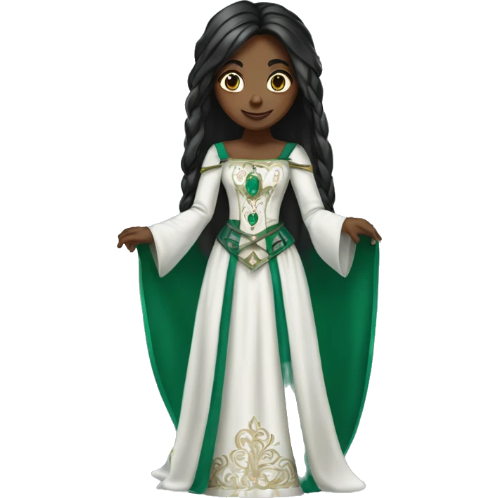 Beautiful black girl with long straight hair wearing a medieval style white gown with an intricate emerald green design  emoji