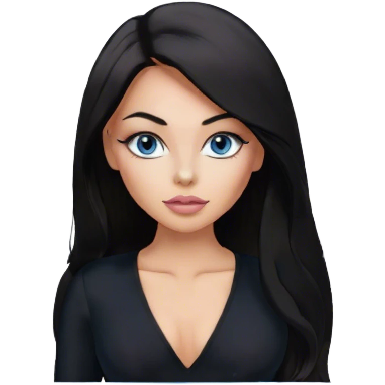 Glamours make-up, tanned, beautiful, girl, with blue eyes, big pump peach-beige-rose lips, eyeliner, long lashes, black straight smooth silky long hair, parting hair in the middle,  in black v-neck bodysuit long sleeves emoji