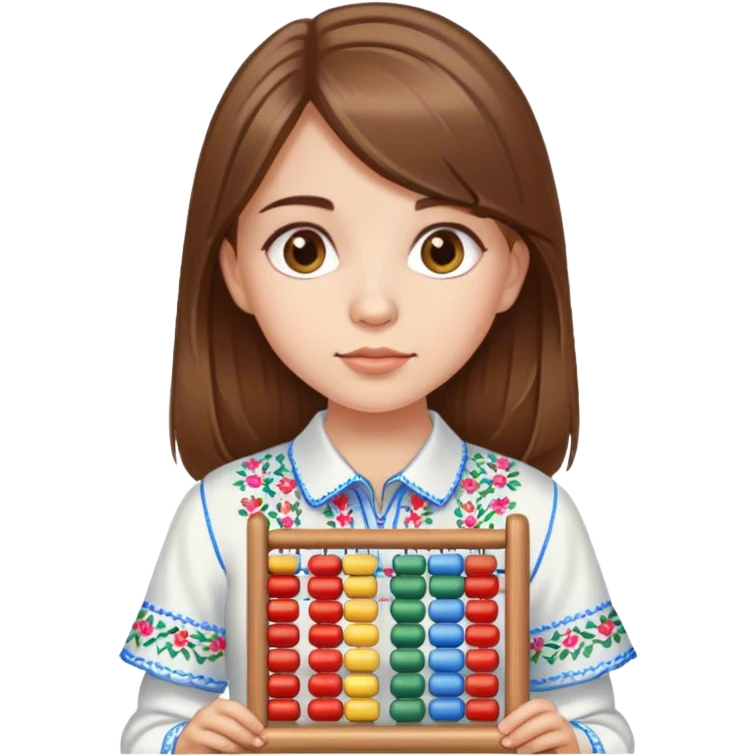 A Ukrainian girl with brown hair in an embroidered shirt holds an Abacus emoji