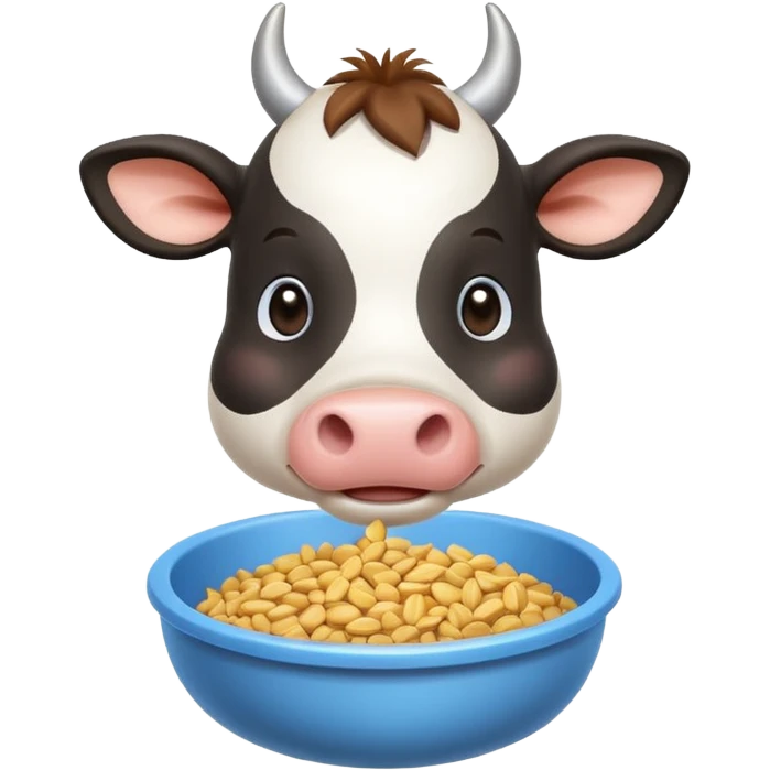 cute cow eating animal feed, hay and grains in a feeding bowl, 3D cartoon, mobile game icon style, clean background, no text, no watermark
 emoji