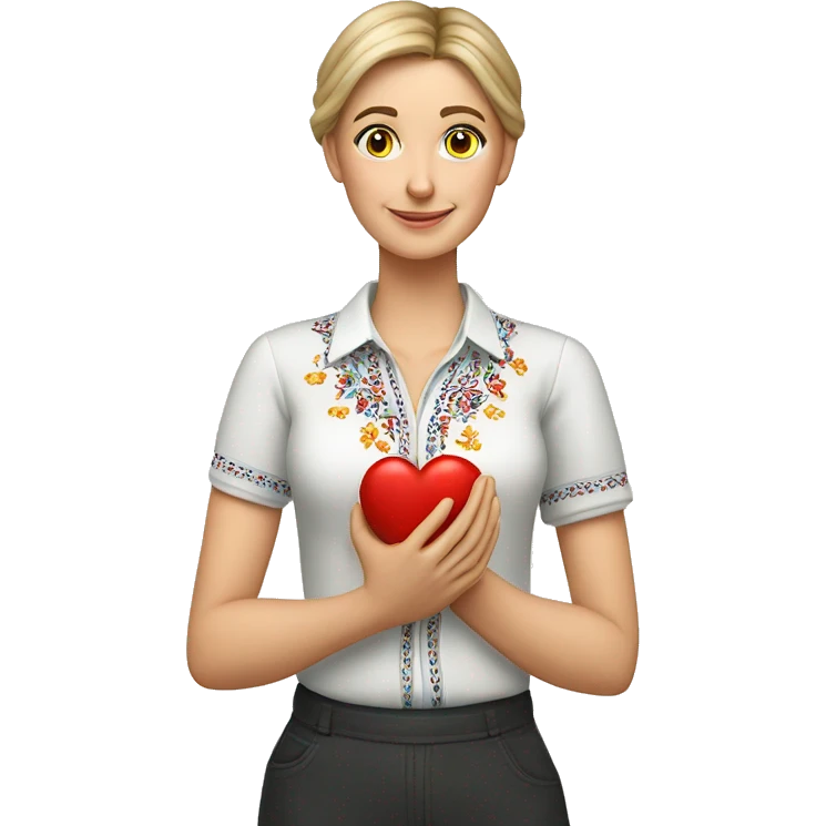A Ukrainian teacher in an embroidered shirt holds a heart in her hands emoji