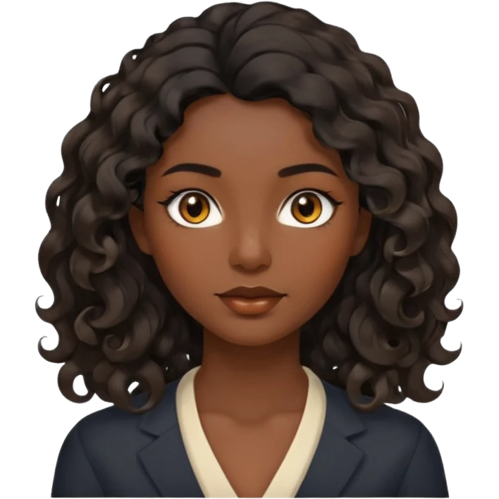 this avatar of 30th year-woman has shoulder-length black wavy hair with loose curls framing the face, and a long, pointed face, black skin with golden-brown eyes and a calm, neutral expression. emoji
