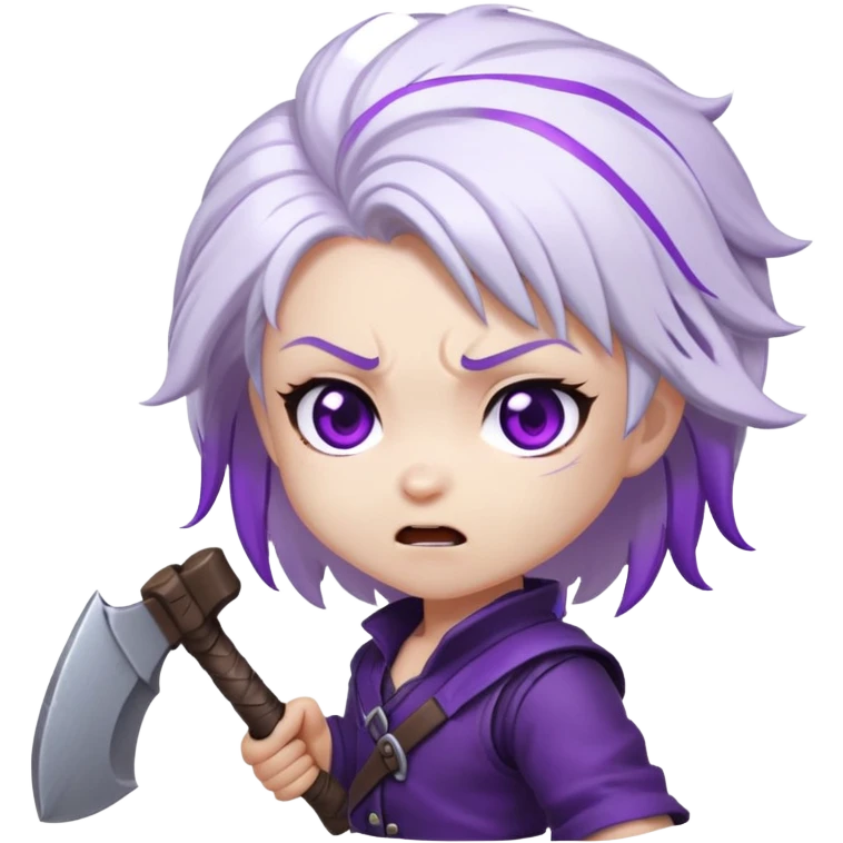 Chibi Sable Ward being hit on the head with a small axe, caught in the act look, white hair with purple streaks, fully purple eyes, dizzy expression emoji