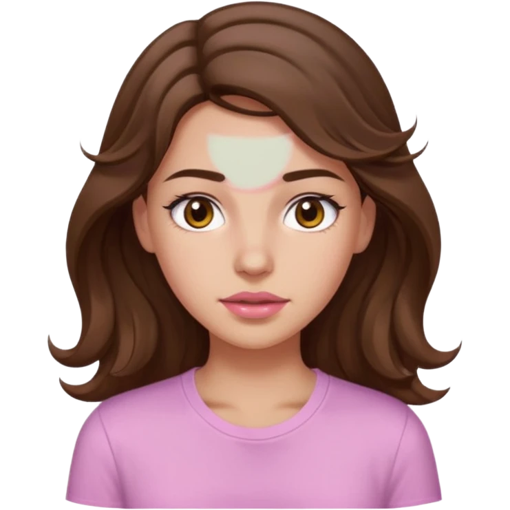 girl with wavy long brown hair, brown eyes, light to medium complexion, long lashes, light pink lipstick, wearing light pink shirt, sweating on the forehead emoji