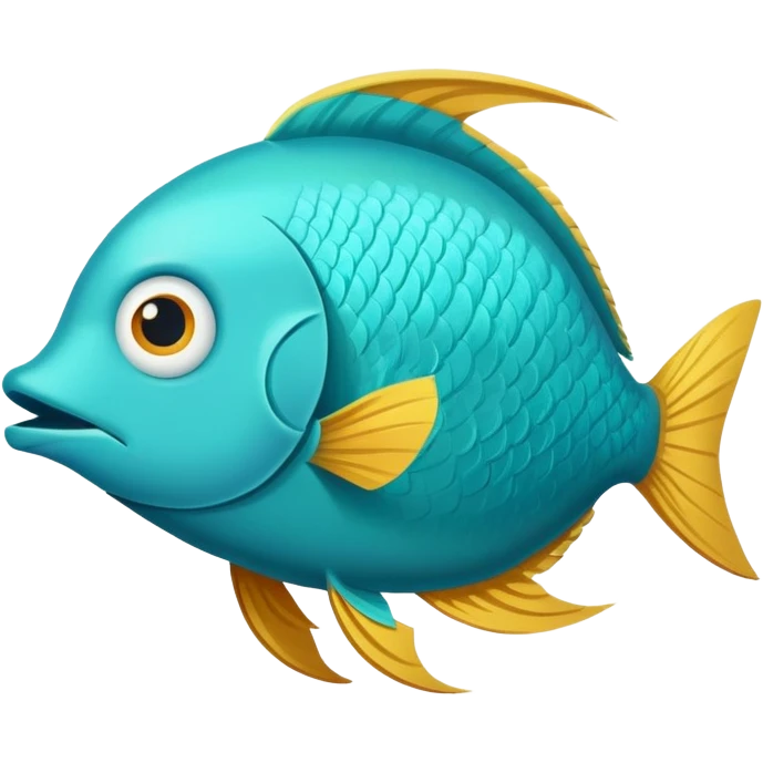 bright turquoise fish in perfect flat side profile, exactly facing right, single eye visible, completely 2D side view only, derpy stupid expression, no perspective at all emoji