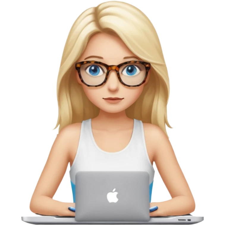 long blonde hair woman blue eyes with tortoise shell print glasses wearing white tank top on mac book  emoji