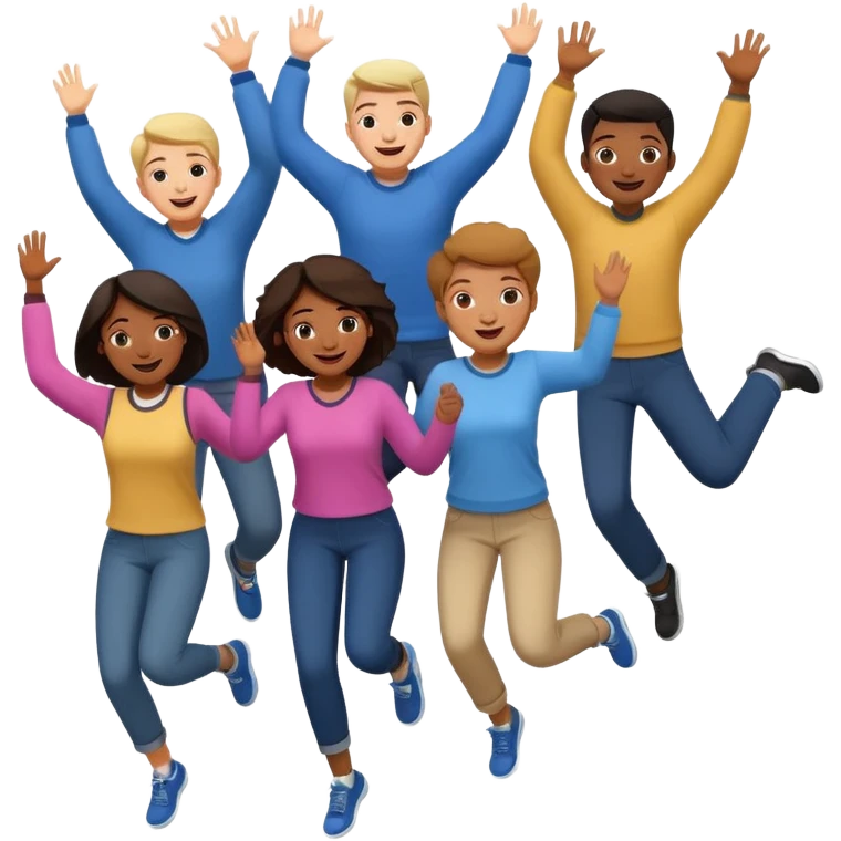 group of adult students, some jumping and happy, diverse, cheerful, classroom background emoji