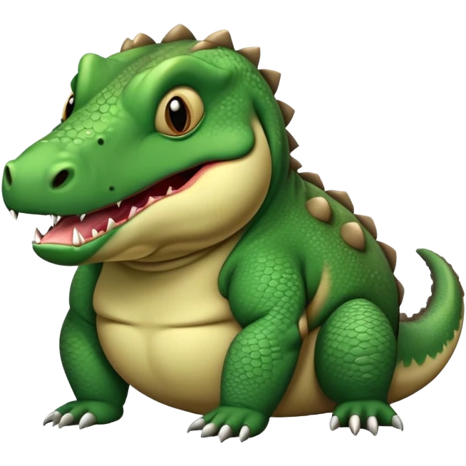 A very chubby, overfed komodo dragon with a round belly, making a hiccup expression with its mouth open slightly emoji