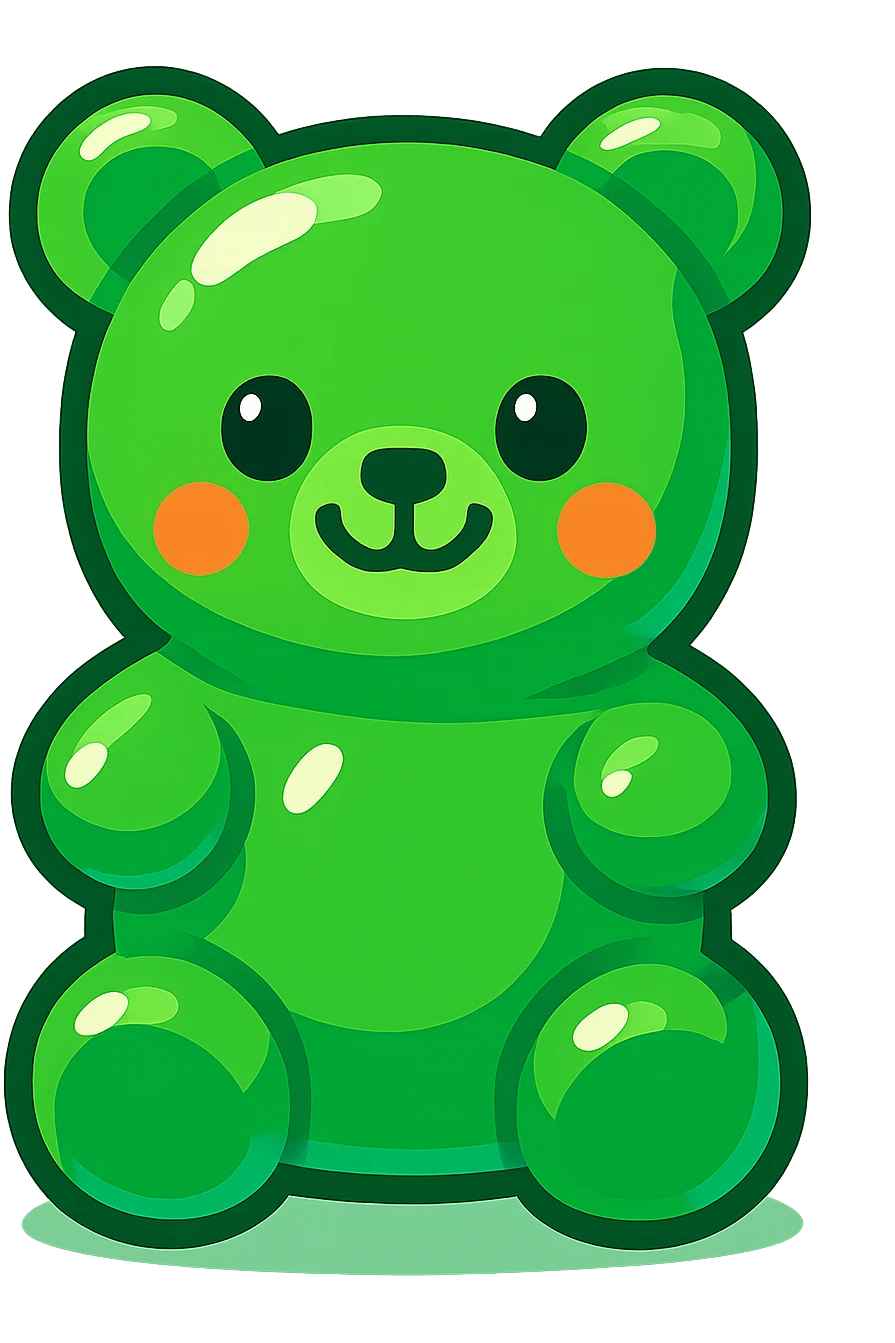 green gummy bear, cartoon style, cute face, glossy, transparent background emoji