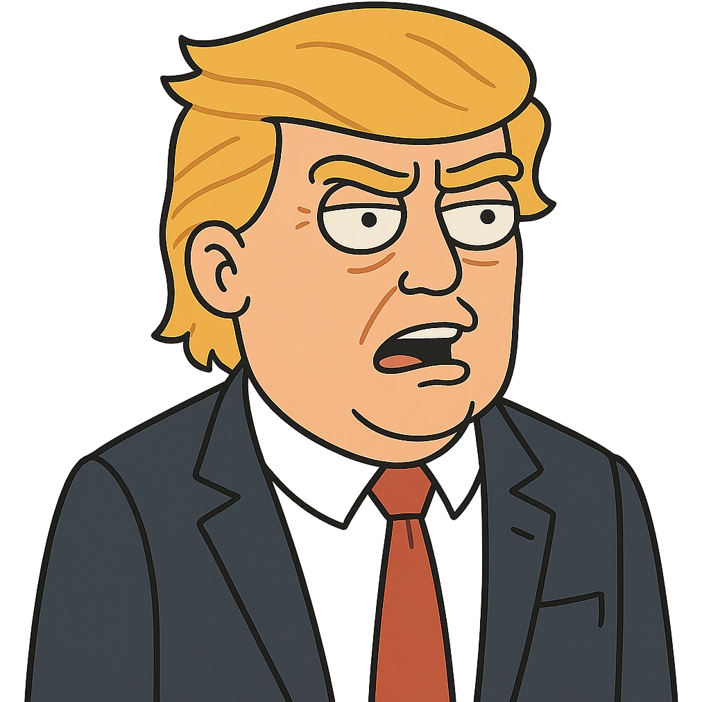 Donald Trump cartoon style, expressive face, orange hair, suit and red tie emoji