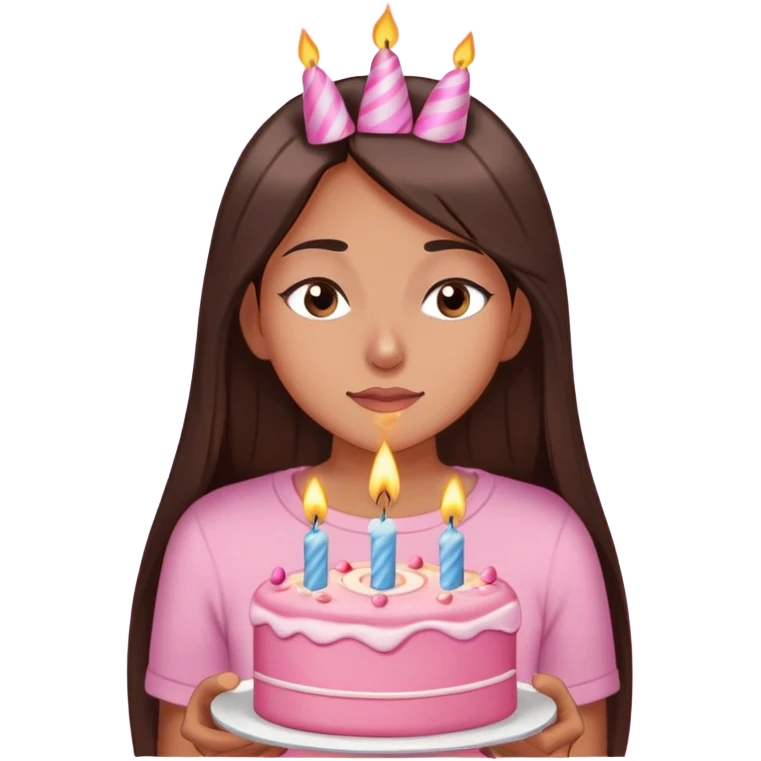 A woman with long dark straight  brown hair, brown eyes,wearing a cute top, eyes closed, blowing out a birthday candle on pink cake while making a wish.” emoji