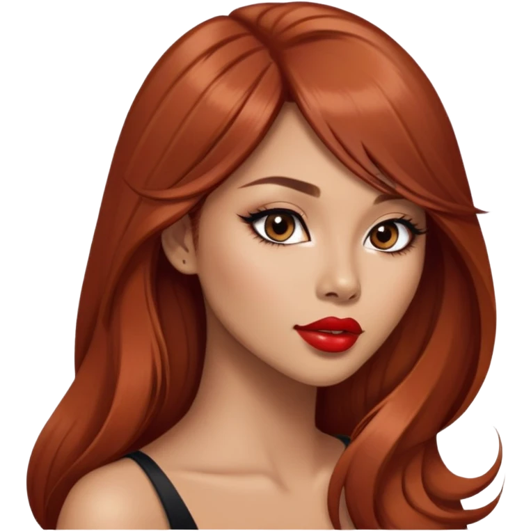 gorgeous woman, light tan skin, very long auburn hair, side bangs, black eyes, lipstick, model, latina, asian, mixed emoji