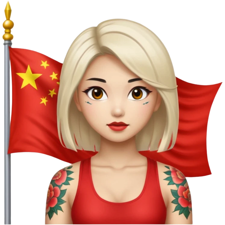 sexy nude and very muscled asian chinese girl, asian hair, asian sexy eyes, makeup, chinese nude sexy girl, sexy butt, sexy boobs, floral tattoes, flag of china, flexing emoji