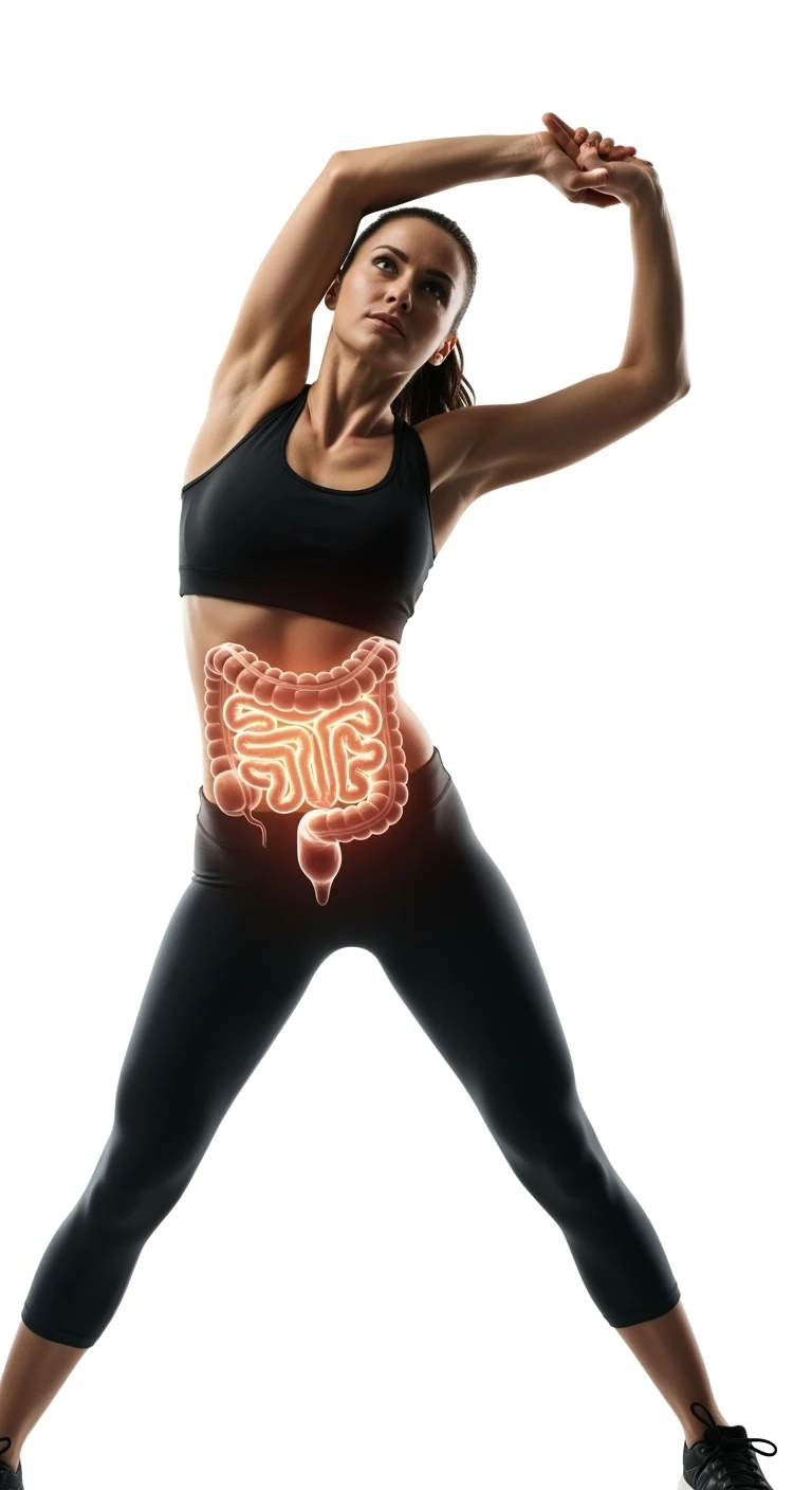 donna che fa stretching con intestino umano anatomico in evidenza, realistica 4k sfondo bianco emoji